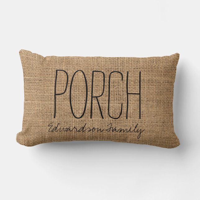 Modern rustic faux burlap porch script family name lumbar cushion (Front)
