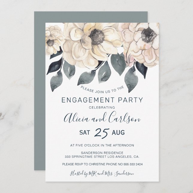 Modern rustic floral calligraphy engagement party invitation (Front/Back)