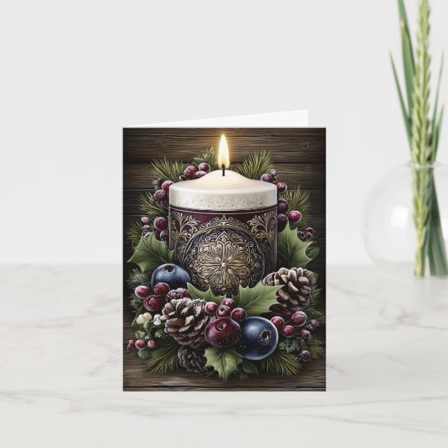 Modern Rustic Floral Candle Blank Christmas Card (Front)