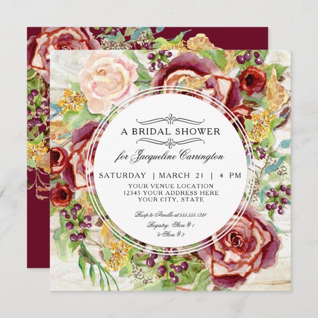 Modern Rustic Floral Fall Red Wreath Bridal Shower Invitation (Front/Back)