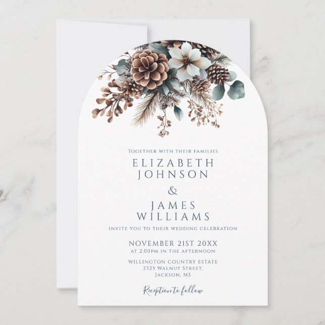 Modern Rustic Floral Pinecone Wedding Arch Invitation (Front)