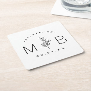 Modern Rustic Floral Stem Wedding Monogram Square Paper Coaster