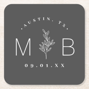 Modern Rustic Floral Stem Wedding Monogram Square Paper Coaster