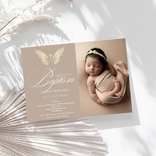 Modern Rustic Gold Typography Cross Photo Baptism  Invitation