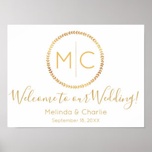 Modern Rustic Gold Wreath Wedding Monogram Welcome Poster
