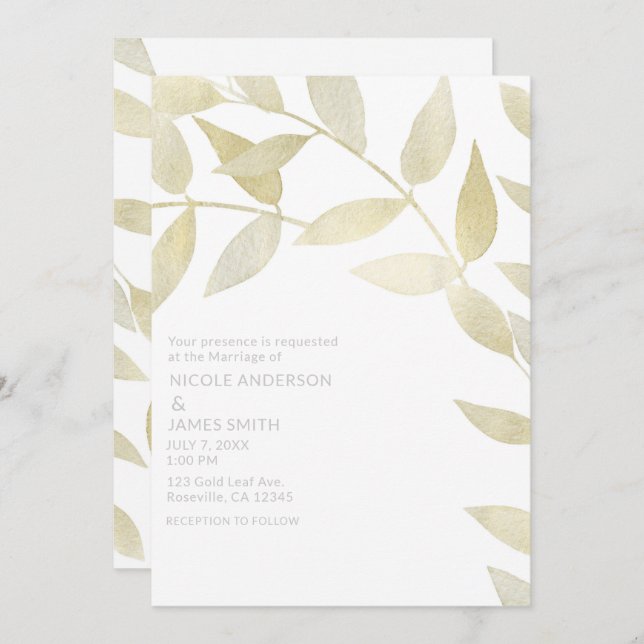 Modern Rustic Golden Gold Leaves Botanical Wedding Invitation (Front/Back)