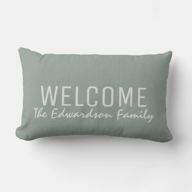 Modern rustic green burlap Welcome Family monogram Lumbar Cushion (Front)