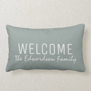 Modern rustic green burlap Welcome Family monogram Lumbar Cushion