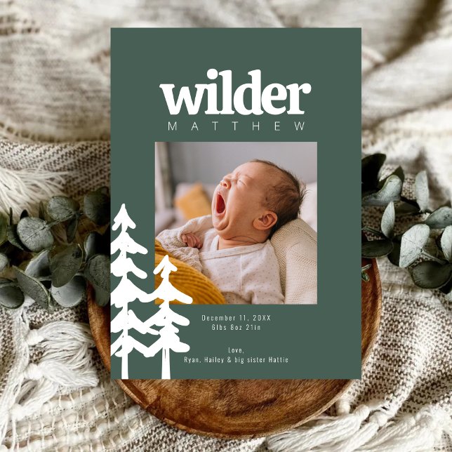 Modern Rustic Green Forest Baby Name Photo Birth Announcement (Creator Uploaded)