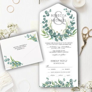 Modern Rustic Greenery Eucalyptus Wreath Wedding All In One Invitation