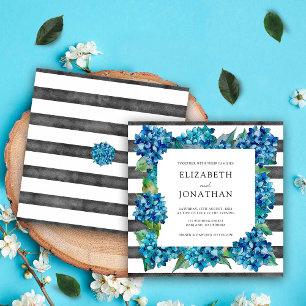 Modern Rustic Grey Blue Hydrangeas Striped Wedding Invitation