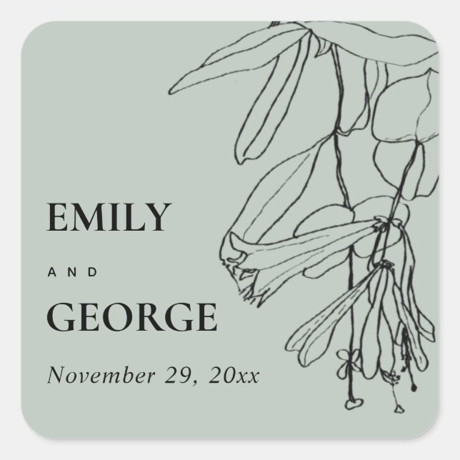 MODERN RUSTIC GREY LINE DRAWING FLORAL WEDDING SQUARE STICKER (Front)