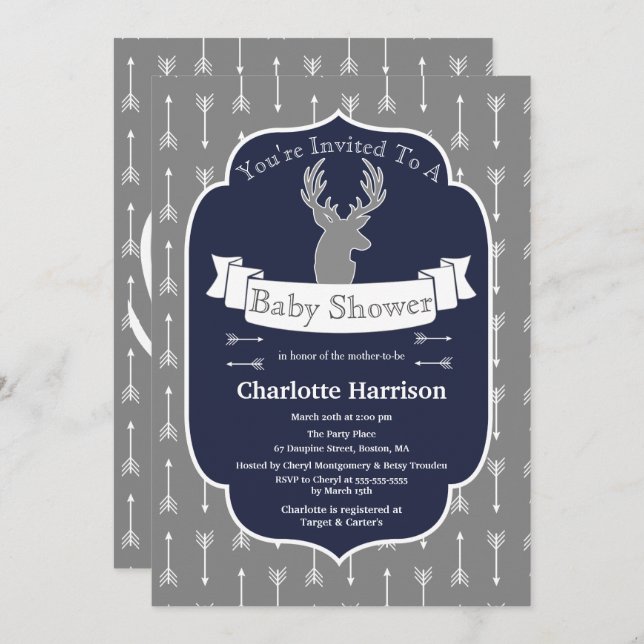 Modern Rustic Grey & Navy Deer & Arrow Baby Shower Invitation (Front/Back)