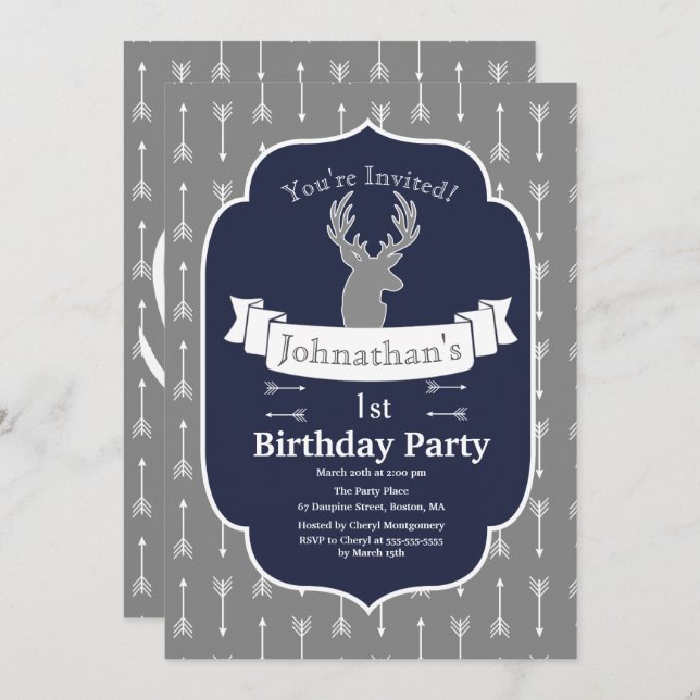 Modern Rustic Grey & Navy Deer & Arrow Birthday Invitation (Front/Back)