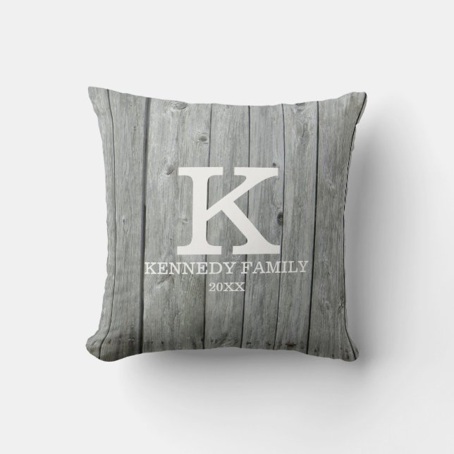 Modern Rustic Grey Wood Family Name Monogram Cushion (Front)