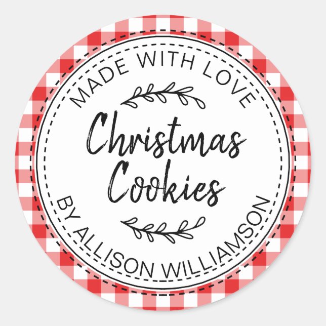Modern Rustic Homemade Christmas Cookies Red Check Classic Round Sticker (Front)