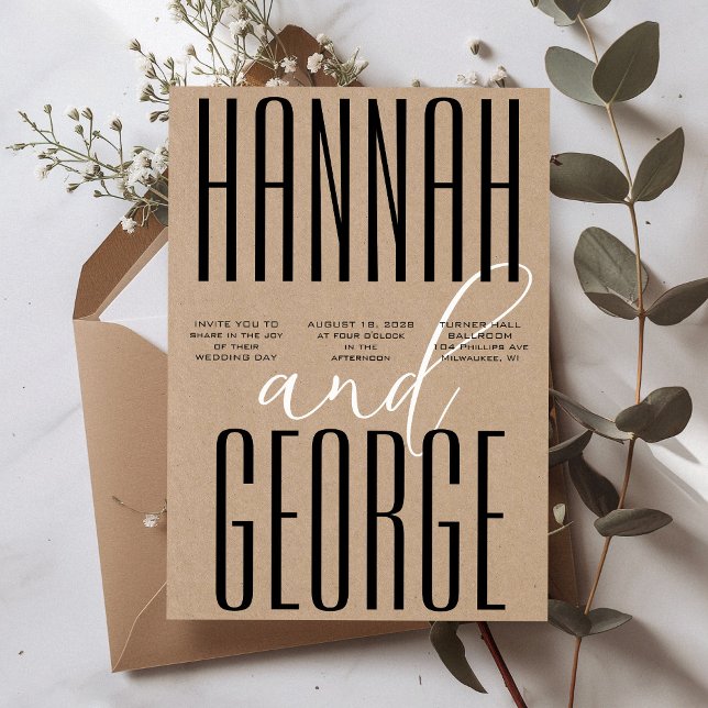 Modern Rustic Kraft Black & White QR Code Wedding Invitation (Modern rustic kraft unique simple minimalist typography classic black and white wedding invitation)