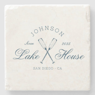 Modern Rustic Lake House Oars Coastal Navy Blue Stone Coaster