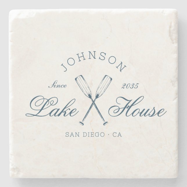 Modern Rustic Lake House Oars Coastal Navy Blue  Stone Coaster (Front)