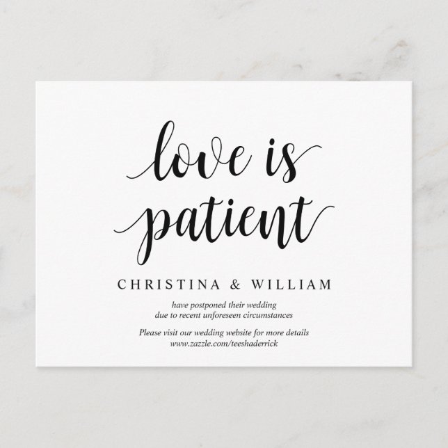 Modern rustic, love is patient, wed postponed postcard (Front)