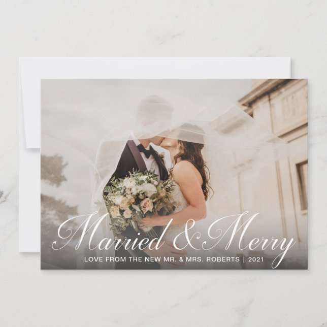 Modern Rustic Married And Merry Christmas Photo Holiday Card (Front)