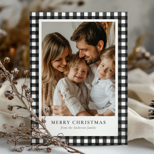 Modern Rustic Merry Christmas Buffalo Plaid Photo Holiday Card