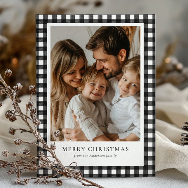 Modern Rustic Merry Christmas Buffalo Plaid Photo Holiday Card (Creator Uploaded)