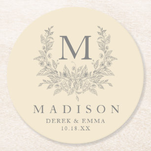 Modern Rustic monogram Champagne wedding  Round Paper Coaster
