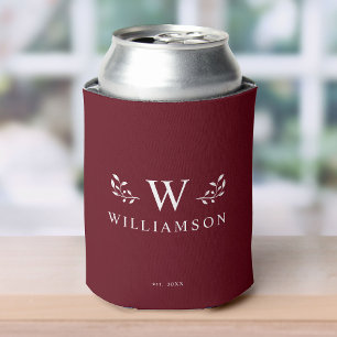 Modern Rustic Monogram Custom Family Name Red Can Cooler