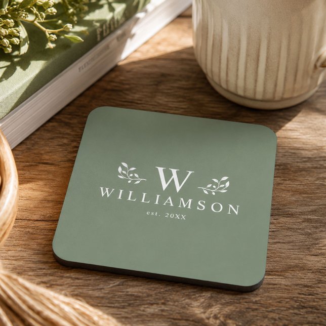 Modern Rustic Monogram Custom Family Name Sage Coaster (Creator Uploaded)