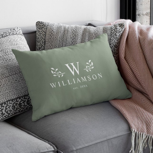 Modern Rustic Monogram Custom Family Name Sage Lumbar Cushion (Creator Uploaded)