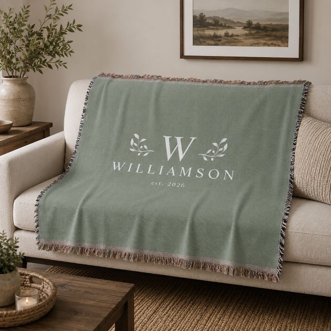 Modern Rustic Monogram Custom Family Name Sage Throw Blanket (Creator Uploaded)