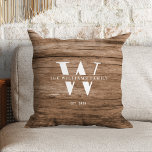 Modern Rustic Monogram Family Name Vintage Wood Cushion<br><div class="desc">This modern, rustic throw pillow features your family monogram and name over a printed medium brown wood backdrop in a retro vintage typography design. Customise with your family name and initial and make this your own unique keepsake for the farmhouse style lake house, family cottage, or country cabin - or...</div>