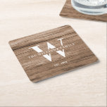 Modern Rustic Monogram Family Name Vintage Wood Square Paper Coaster<br><div class="desc">This modern, rustic paper coaster features your family monogram and name over a printed medium brown wood backdrop in a retro vintage typography design. Customise with your family name and initial and make this your own unique keepsake for the farmhouse style lake house, family cottage, or country cabin - or...</div>