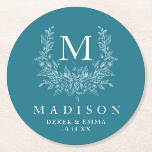Modern Rustic monogram Metallic wedding  Round Paper Coaster