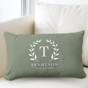 Modern Rustic Monogram Wreath Family Name Sage Lumbar Cushion