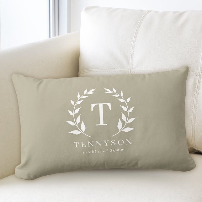 Modern Rustic Monogram Wreath Family Name Sage Lumbar Cushion (Creator Uploaded)