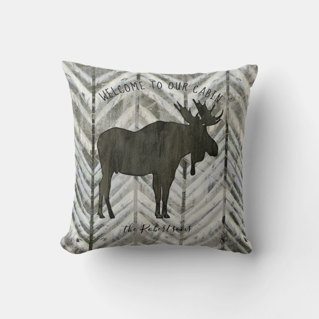 Modern Rustic Moose Lodge Cabin Herringbone Family Cushion (Front)