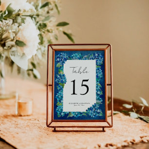 Modern Rustic Navy Blue Hydrangeas Striped Wedding Table Number