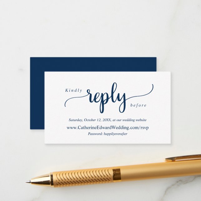 Modern Rustic, Navy Blue, Online RSVP website Enclosure Card (Front/Back In Situ)
