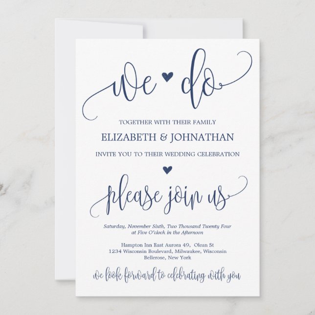Modern rustic navy calligraphy heart we do wedding invitation (Front)