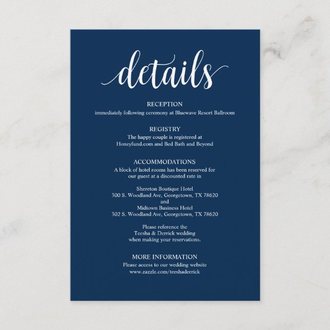 Modern Rustic Navy Wedding Details Enclosure Card (Front)