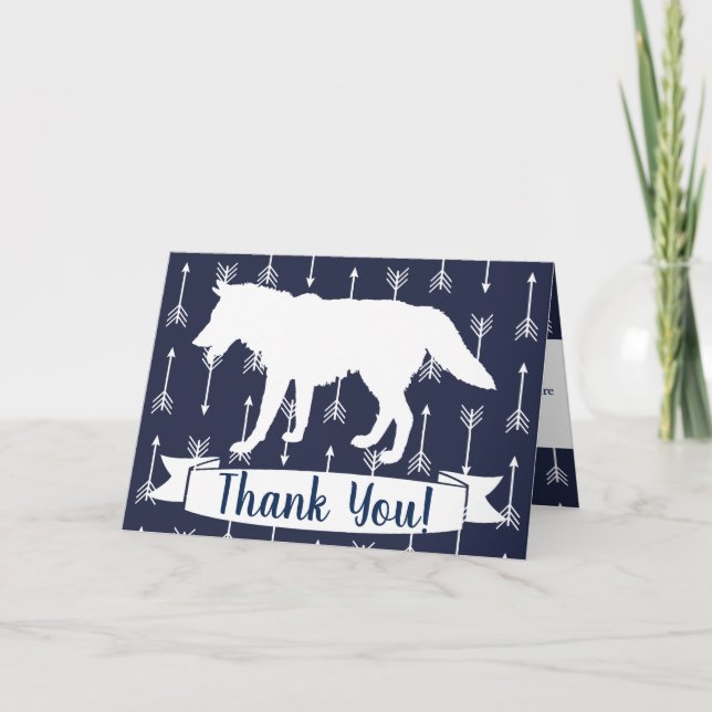 Modern Rustic Navy & White Wolf Arrows Thank You Card (Front)
