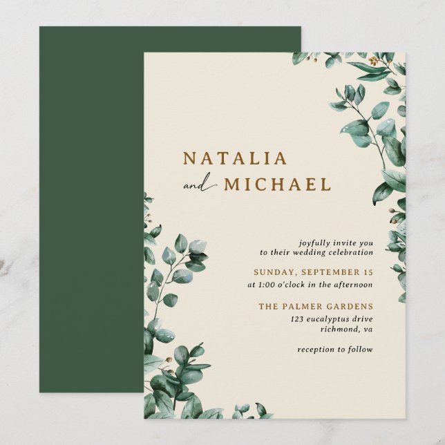 Modern Rustic Neutral Beige + Green Simple Wedding Invitation (Front/Back)