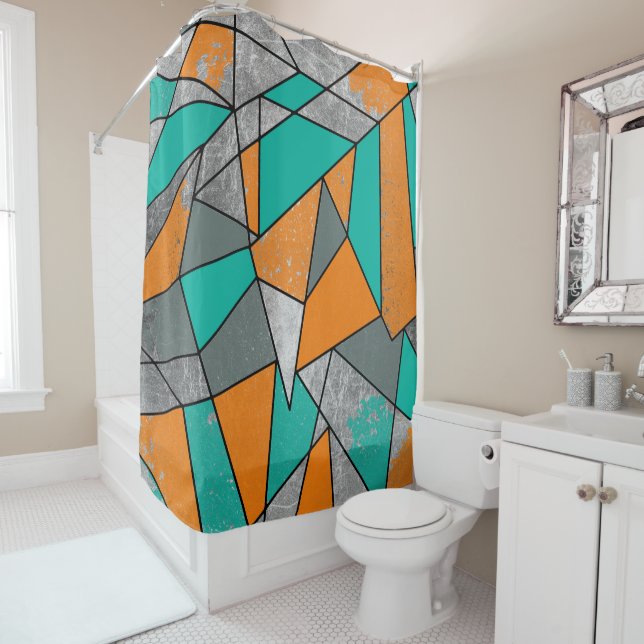Modern Rustic Orange Teal Grey Silver Geometric Shower Curtain (In Situ)