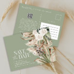 Modern rustic pampas eucalyptus botanical QR code  Announcement Postcard<br><div class="desc">Modern barn farmhouse rustic botanical floral bohemian natural pampas grass and eucalyptus botanical wedding save the date post card invitation. Elegant classy watercolor floral in terracotta, sage green, natural cream and black colorways. Space on the back of this budget wedding save the date for information and QR code for all...</div>