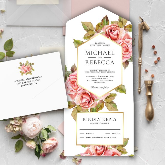 Modern Rustic Peach Roses Botanical Garden Wedding All In One Invitation (Creator Uploaded)