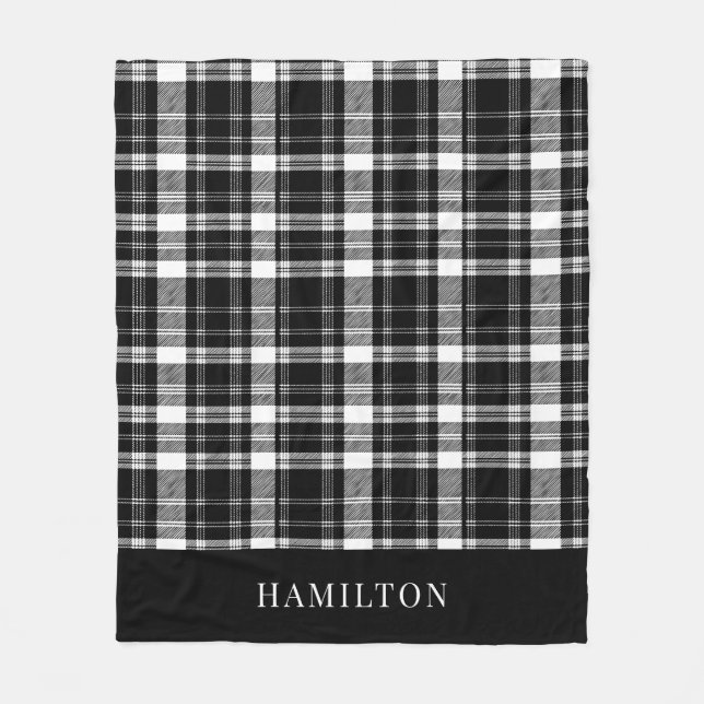  Modern Rustic Personalised Black and White Plaid Fleece Blanket (Front)