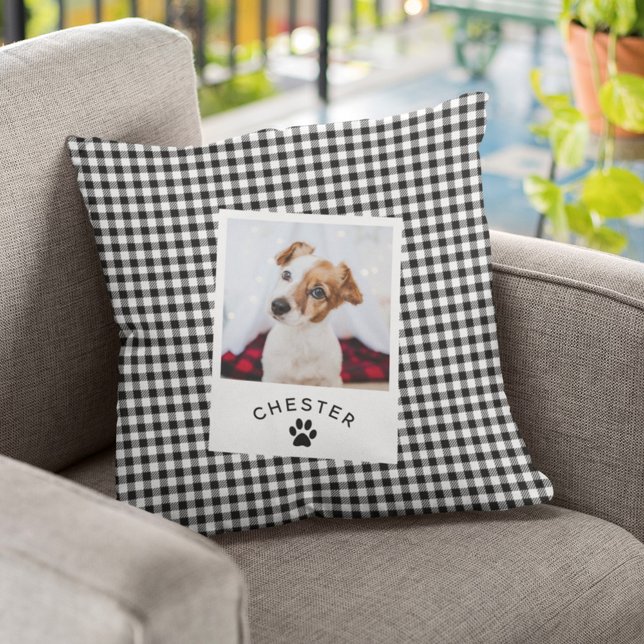Modern Rustic Pet Photo Vichy Plaid Dog Mum Cat Cushion (Creator Uploaded)