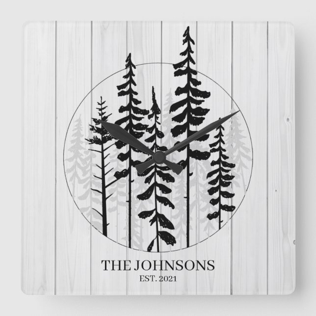 Modern Rustic Pine Tree Farmhouse  Square Wall Clock (Front)